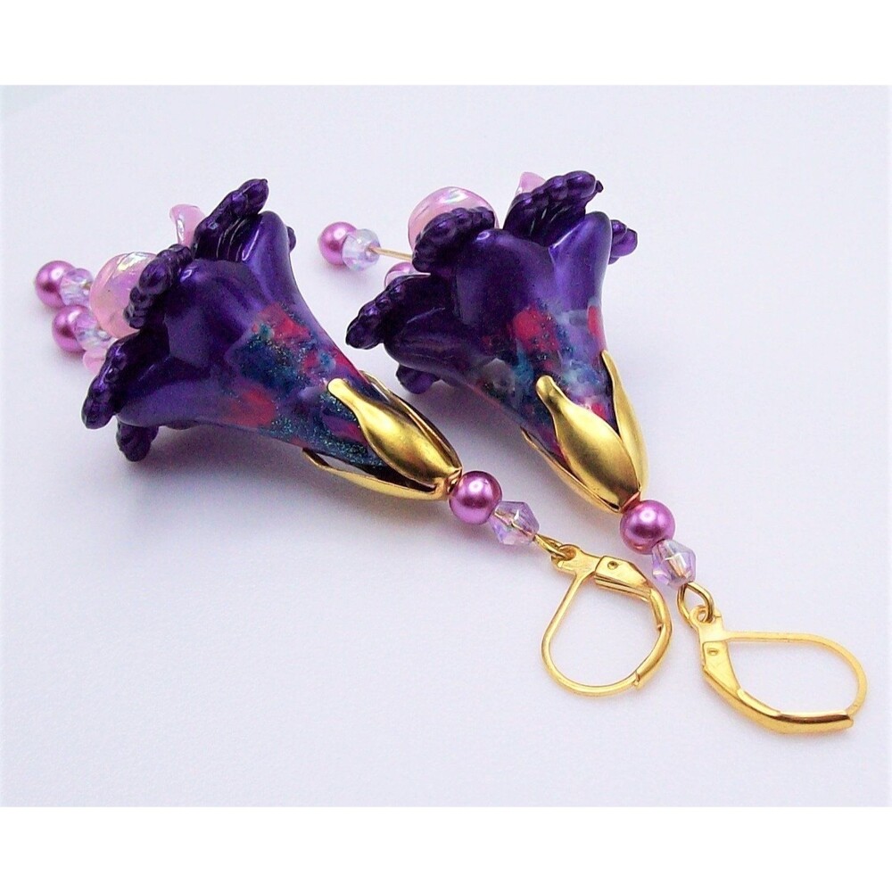 Purple Floral Dangle Earrings, Hand Painted, Artisan Crafted, Floral Jewelry